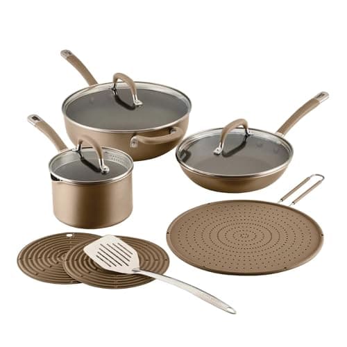 Circulon A1 Series with ScratchDefense Technology Nonstick Induction Pots and Pans, Metal Utensil Safe, Includes Splatter Guard, Slotted Turner and Silicone Trivets, 10 Piece Cookware Set - Champagne