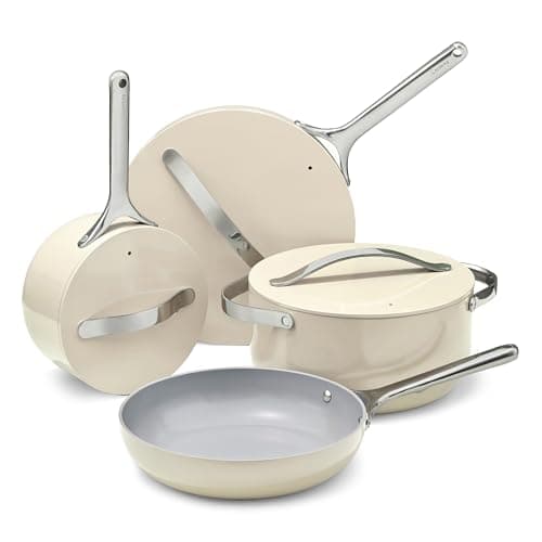 Caraway Nonstick Ceramic Cookware Set (12 Piece) Pots, Pans, Lids and Kitchen Storage - Non Toxic - Oven Safe & Compatible with All Stovetops - Cream